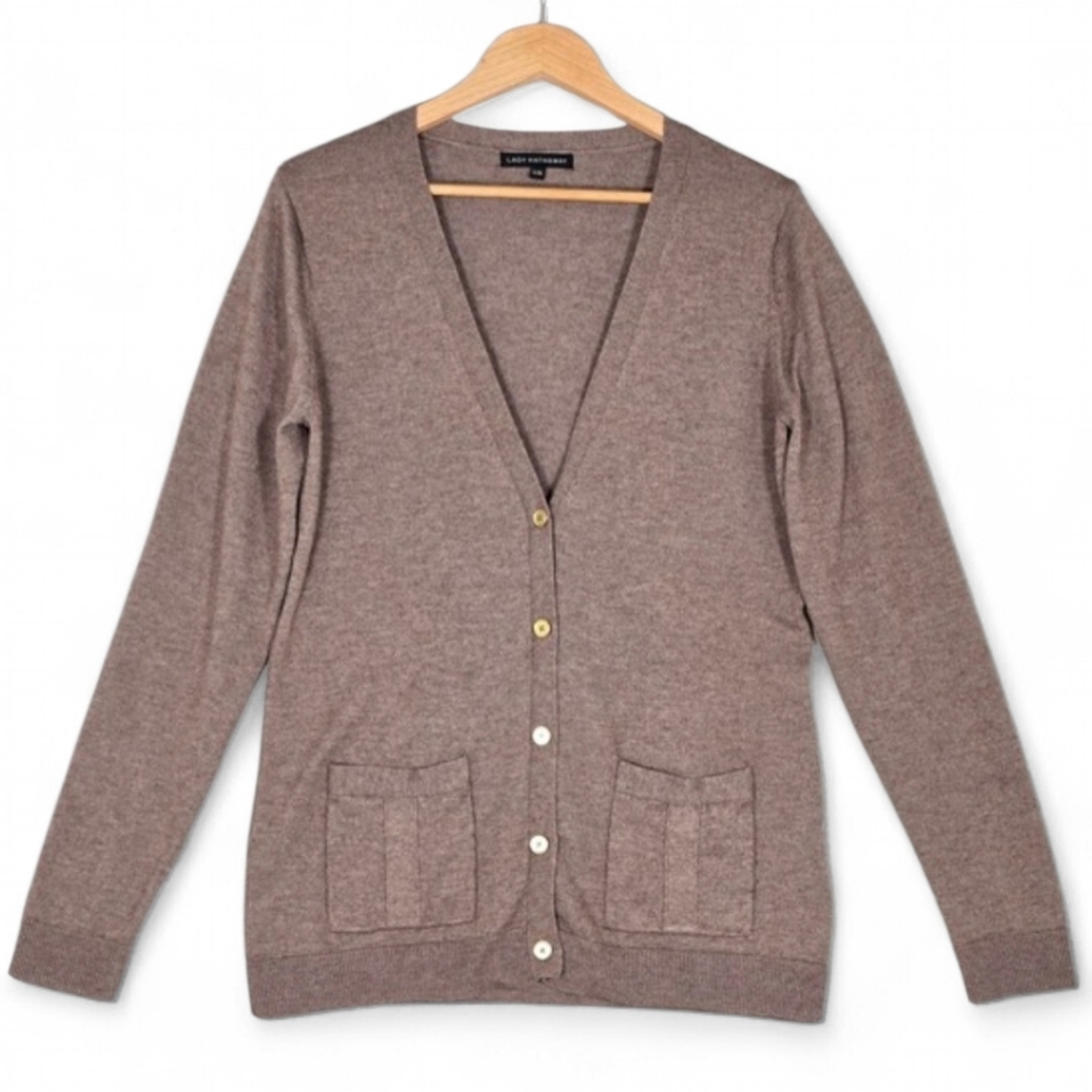 Lady Hathaway Women's Light Brown Knit Wool Blend V-Neck Button Down Cardigan L